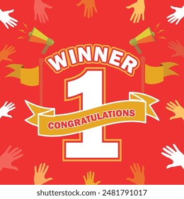 Winner congratulations concept vector design in yellow and red colors. first place win competition.