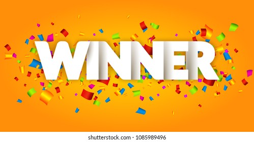 Winner Congratulations confetti triumph banner. Victory success letters with winner background design.