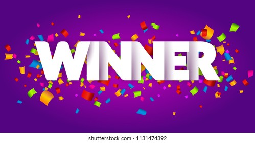 Winner Congratulations confetti triumph banner. Victory success letters with winner background design.