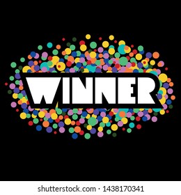 Winner Congratulations confetti triumph banner. Victory success letters with winner background design. Motivational text. Greetings for logotype, badge, icon, card, postcard, banner, tag.Vector EPS10