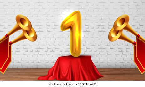 Winner Congratulations In Studio On Scene Vector. Golden Trumpets With Red Flags, Number One 1 On Table Covered Spread Wooden Floor Of Scene And Brick Wall On Background. Realistic 3d Illustration