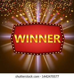 Winner congratulations vintage frame with glowing lamps, golden congratulating framed sign with falling gold confetti ribbons. Frame label banner template. Winners lottery game jackpot prize poker