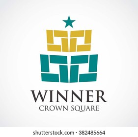 Winner crown of square ribbon abstract vector and logo design or template star king business icon of company identity symbol concept