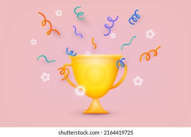 Winner cup with 3D Web Vector Illustrations. with celebratory confetti flying around. Winner concept. 3D Web Vector Illustrations.