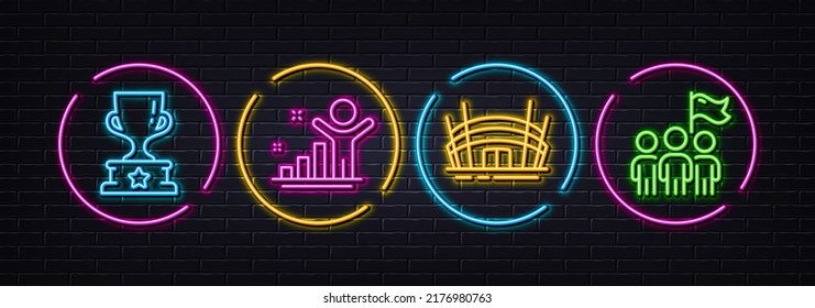 Winner, Winner cup and Arena stadium minimal line icons. Neon laser 3d lights. Leadership icons. For web, application, printing. Best result, Award cup, Competition building. Vector