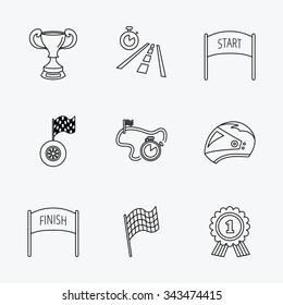 Winner cup and award icons. Race flag, motorcycle helmet and timer linear signs. Road travel, finish and start flat line icons. Linear black icons on white background.