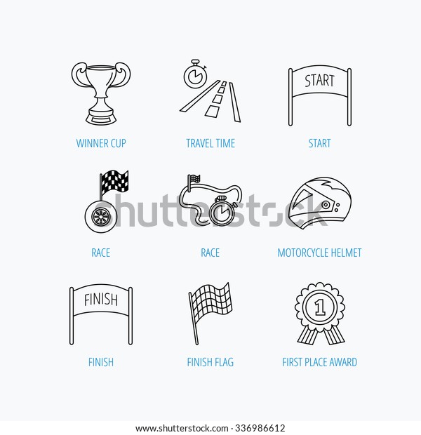 Winner cup and award icons.\
Race flag, motorcycle helmet and timer linear signs. Road travel,\
finish and start flat line icons. Linear set icons on white\
background.