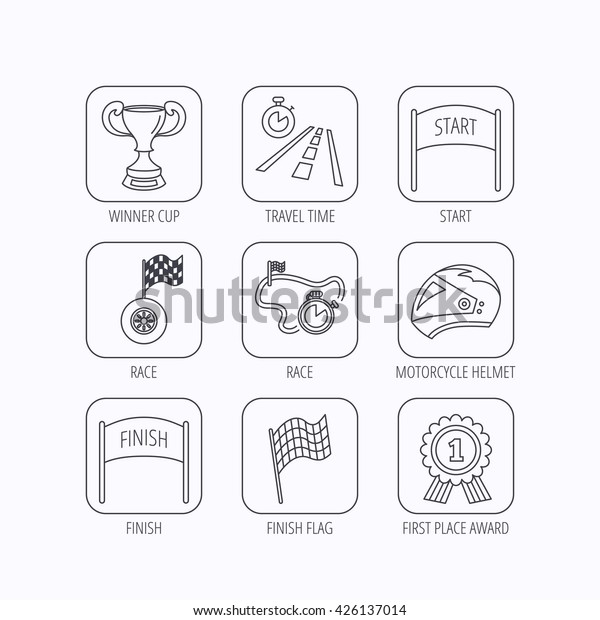 Winner cup\
and award icons. Race flag, motorcycle helmet and timer linear\
signs. Road travel, finish and start flat line icons. Flat linear\
icons in squares on white background.\
Vector