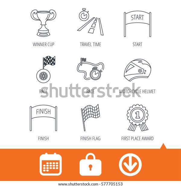 Winner cup\
and award icons. Race flag, motorcycle helmet and timer linear\
signs. Road travel, finish and start flat line icons. Download\
arrow, locker and calendar web icons.\
Vector