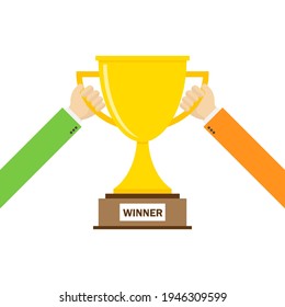 Winner cup. Businessman holding Cup award in hand. Winner Trophy concept. Successful leadership idea. Vector illustration