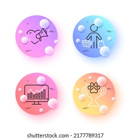 Winner cup, Buyer and Statistics minimal line icons. 3d spheres or balls buttons. Love message icons. For web, application, printing. Dog competition, Shopping customer, Financial report. Vector