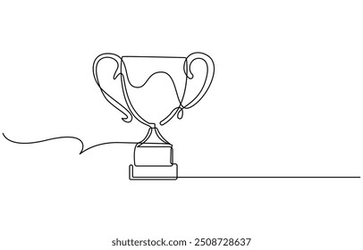 Winner Cup Ícone de Linha Contínua, Winner troféu contínuo um desenho de ícone de linha. Award trophy cup single line vetor ilustração em estilo doodle. Design de sinal linear de contorno de celebração de campeões