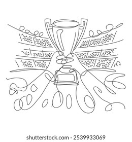 Winner Cup Continuous Line Icon, Winner trophy continuous one line icon drawing. Award trophy cup single line vector illustration in doodle style. Champions celebration contour linear sign design.