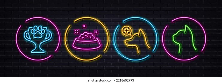 Winner cup, Dog feeding and Veterinary clinic minimal line icons. Neon laser 3d lights. Pets care icons. For web, application, printing. Dog competition, Pets bowl, Shelter. Vector