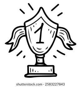 Winner cup for first place. Hand drawn doodle illustration. Award for victory in sports games. Prize, trophy. Ceremonial presentation of a memorable object. Win. Metallic. Vector line art.