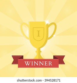 Winner Cup Flat Icon With Red Ribbon. Vector illustration.