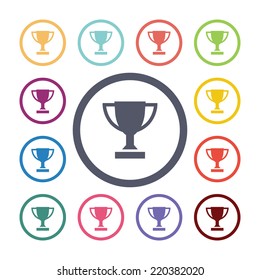 winner cup flat icons set. Open round colorful buttons. Vector 