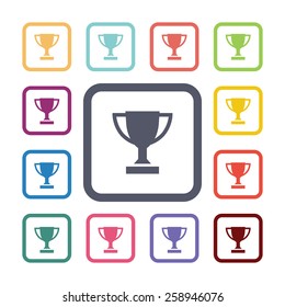 winner cup flat icons set. Open round colorful buttons. Vector 