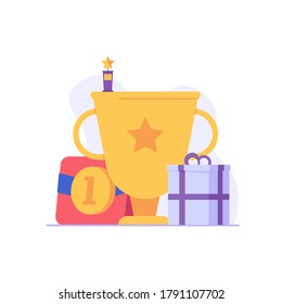 Winner Cup, Gold Medal And Gift Box. Reward Program And Receiving Rewards. Concept Of Earn Reward Loyalty, Bonus, Business Award. Vector Illustration For UI, Mobile App