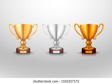 Winner cup gold silver bronz sign set, object collection. Vector illustration