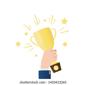 Winner cup in hand. Trophy award vector illustration