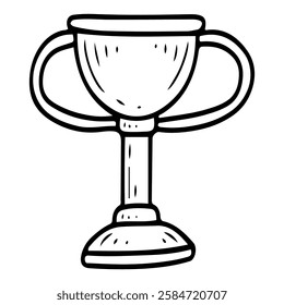 Winner cup with handles. Hand drawn doodle illustration. Prize, trophy. Award for victory in sports games. Ceremonial presentation of a memorable object. Win. Vector line art.