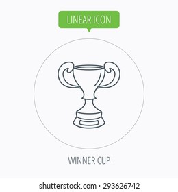 Winner cup icon. Award sign. Victory achievement symbol. Linear outline circle button. Vector