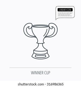 Winner cup icon. Award sign. Victory achievement symbol. Linear outline icon. Speech bubble of dotted line. Vector
