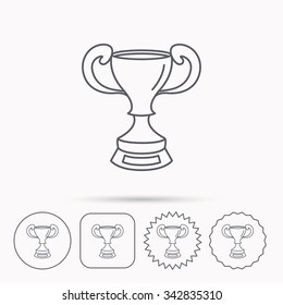 Winner cup icon. Award sign. Victory achievement symbol. Linear circle, square and star buttons with icons.