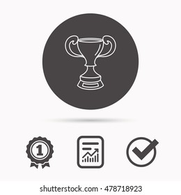 Winner cup icon. Award sign. Victory achievement symbol. Report document, winner award and tick. Round circle button with icon. Vector