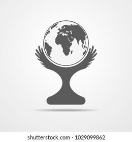 Winner cup icon with Earth Globe, in flat design. Vector illustration. Gray trophy sign on light background