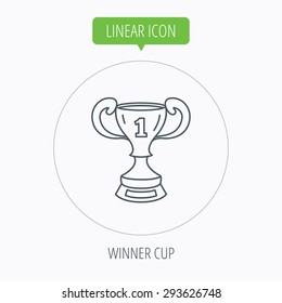 Winner cup icon. First place award sign. Victory achievement symbol. Linear outline circle button. Vector