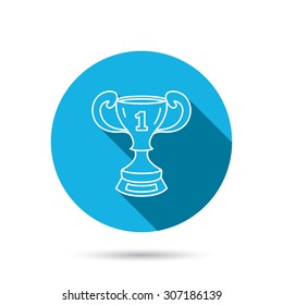 Winner cup icon. First place award sign. Victory achievement symbol. Blue flat circle button with shadow. Vector