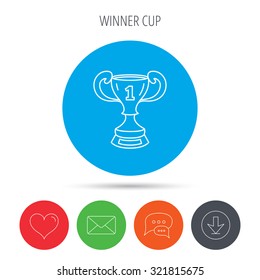 Winner cup icon. First place award sign. Victory achievement symbol. Mail, download and speech bubble buttons. Like symbol. Vector