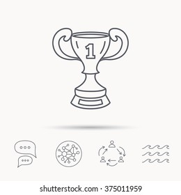 Winner cup icon. First place award sign. Victory achievement symbol. Global connect network, ocean wave and chat dialog icons. Teamwork symbol.