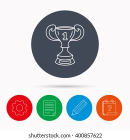 Winner cup icon. First place award sign. Victory achievement symbol. Calendar, cogwheel, document file and pencil icons.