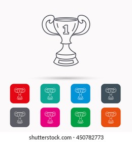Winner cup icon. First place award sign. Victory achievement symbol. Linear icons in squares on white background. Flat web symbols. Vector