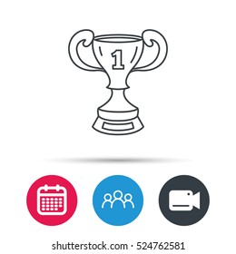 Winner cup icon. First place award sign. Victory achievement symbol. Group of people, video cam and calendar icons. Vector