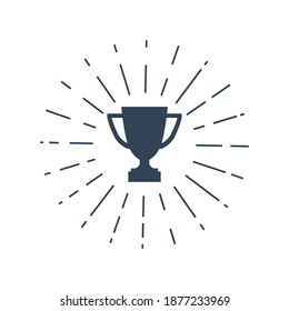 Winner cup icon with sunburst. Champion victory trophy silhouette. Black success sign vector isolated on white.