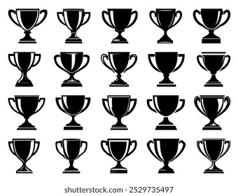 Winner cup icon. Trophy silhouette. Football sport tournament champion victory award sign. Prize award isolated set concept. Hand drawn winner cups on transparent background. Vector illustration