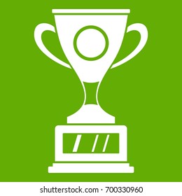 Winner cup icon white isolated on green background. Vector illustration
