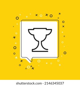 Icono de copa ganadora en burbuja de habla blanca con elementos decorativos en un fondo amarillo. Anuncio gráfico moderno con símbolo de línea delgada. Ilustración del vector EPS 10