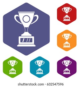 Winner cup icons set hexagon isolated vector illustration