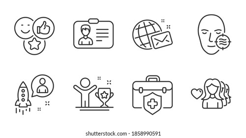 Winner Cup, Identification Card And World Mail Line Icons Set. Medical Insurance, Woman Love And Like Signs. Problem Skin, Startup Symbols. Champion, Person Document, Chat. People Set. Vector