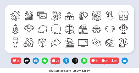 Winner cup, Inflation and Salary line icons pack. Social media: share, comment, like icons. Outsource work, Online storage, Monitor web icon. Energy drops, Bowl dish, Rocket pictogram. Vector