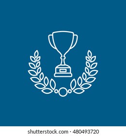 Winner Cup With Laurel Wreath Line Icon On Blue Background