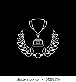 Winner Cup With Laurel Wreath Line Icon On Black Background