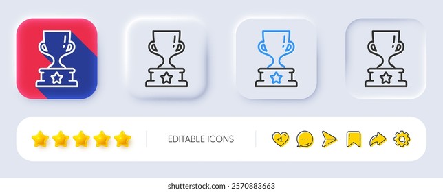 Winner cup line icon. Neumorphic, Flat shadow, 3d buttons. Award trophy sign. Best achievement symbol. Line winner cup icon. Social media icons. Vector