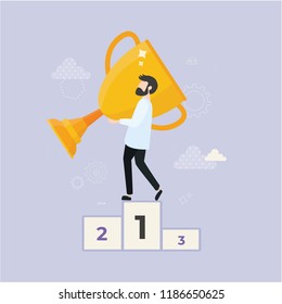 Winner with a cup. Man on a podium. Success concept. Modern flat vector illustration. Victory