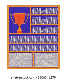 Winner cup on bookcase shelf 2D cartoon object. Office cabinet with ring binders and champion bowl isolated flat vector element white background. Room furnishing color spot illustration